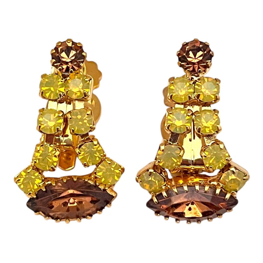Vintage 1960s Rhinestone Dangle Earrings Yellow Crystal Gold Tone Clip - 5O
